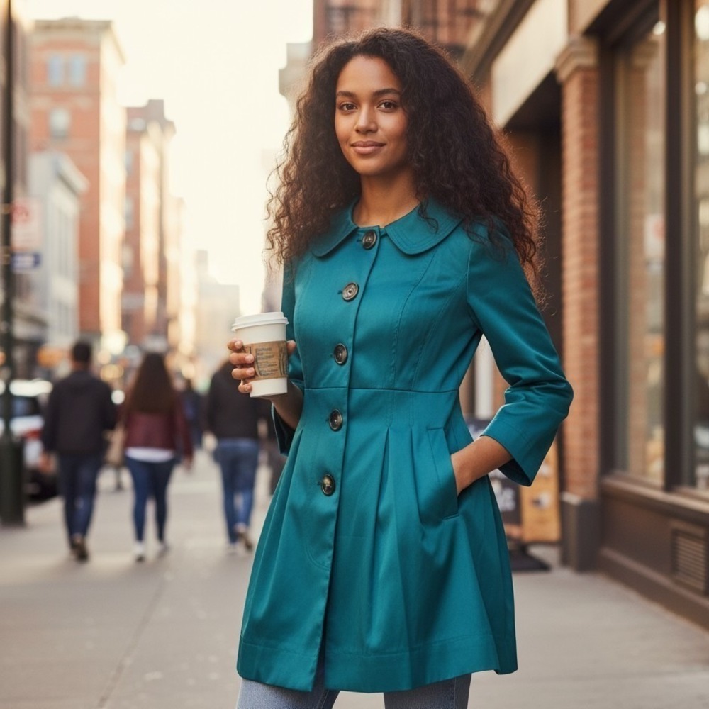 NEW BWear Byer Calif Womens Coat Size Small Teal Sateen‎ Balloon Cuffs Fit Flare